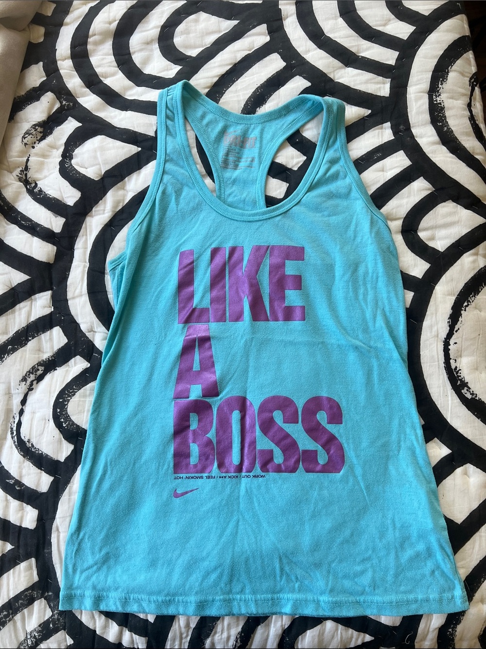 Nike Women's Turquoise Racerback Tank with Purple "LIKE A BOSS" Graphic